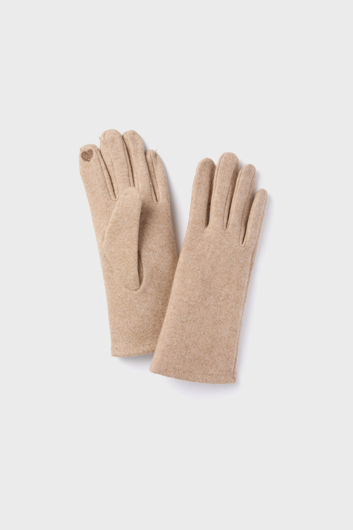 A pair of Look by M Camel Chic Gloves in beige wool, with one glove slightly overlapping the other—perfect as stylish winter accessories.