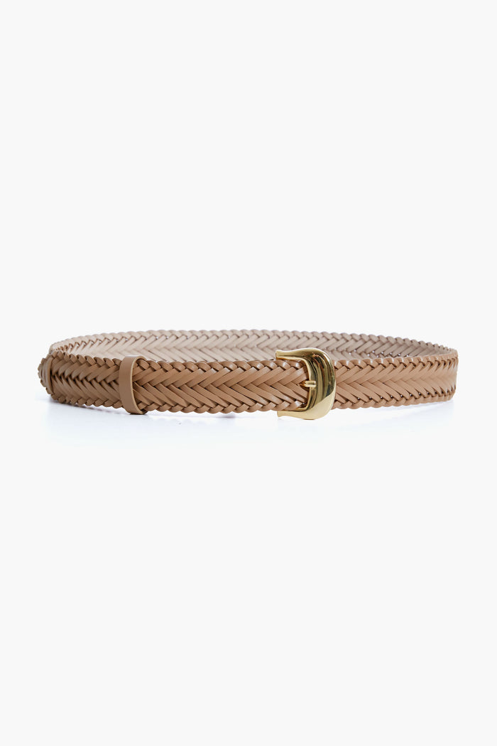 A tan woven belt by B-Low the Belt with a gold buckle, designed as an adjustable accessory for versatile styling.