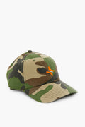 A Harding-Lane camo baseball cap with a small orange logo on the front, made from adjustable cotton for comfort.