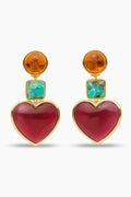 Lele Sadoughi drop earrings with round amber studs, turquoise square stones, and bold red heart-shaped pendants set in gold—perfect with a knotted headband or other Lele Sadoughi accessories.