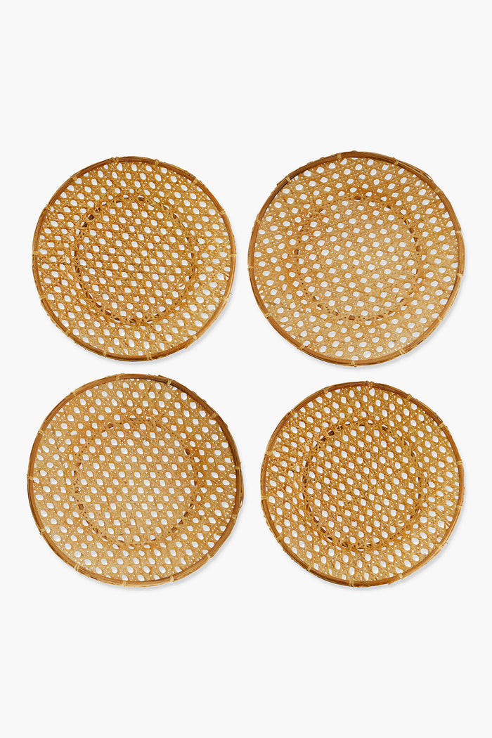 Chefanie’s set of four round woven rattan coasters with a lattice pattern creates stylish table decor and pairs beautifully with woven placemats or Cane Chargers.