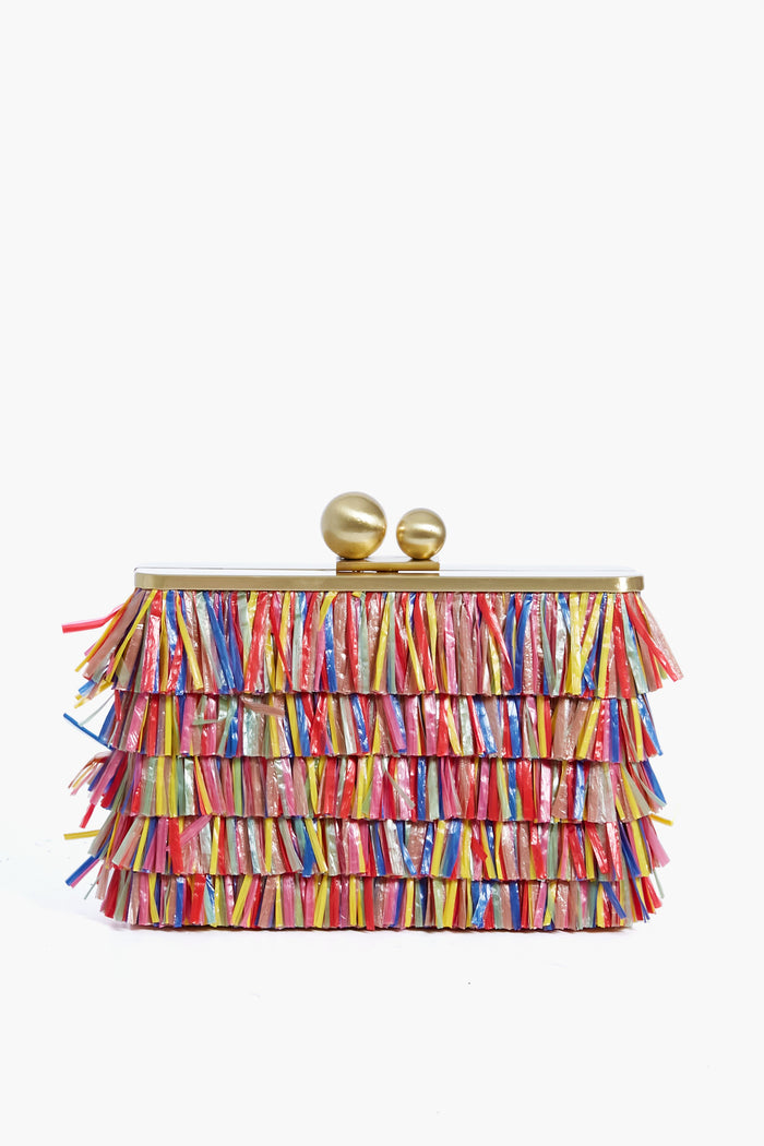 The Olga Berg rectangular raffia clutch features multicolored fringe layers and a gold top clasp—an ideal accessory for special occasions.