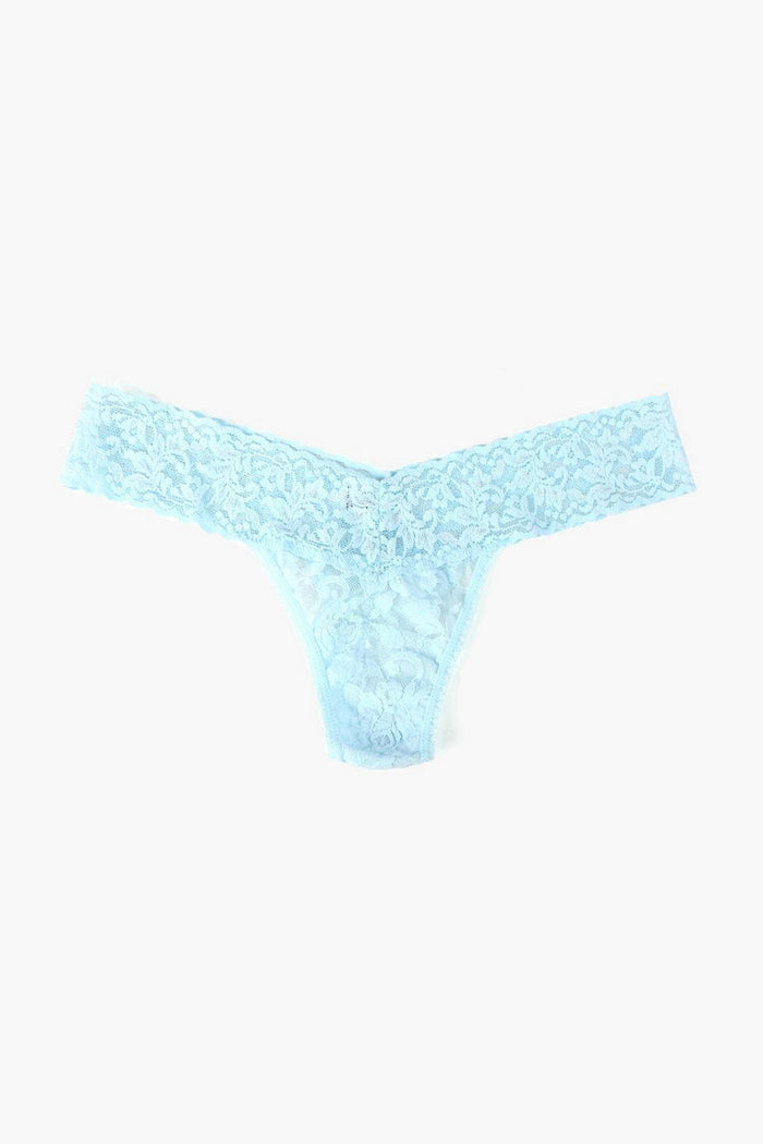 The Hanky Panky light blue low-rise thong features a delicate floral lace pattern, offering comfortable underwear and elegant style.