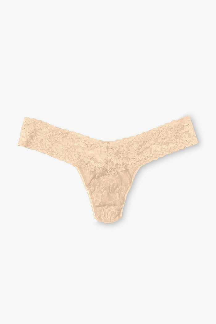Hanky Panky beige women's low-rise thong, crafted from signature stretch lace and elegantly displayed.