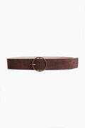 The B-Low the Belt brown chocolate Molly belt features suede, a wide strap, and a striking gold circle buckle—perfect as a leather hip belt to elevate your outfit.