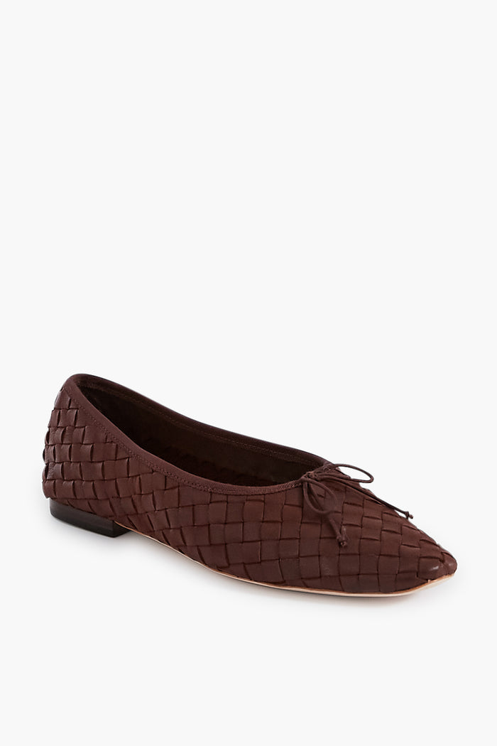 Loeffler Randall dark brown woven leather ballet flats with an almond toe, front bow detail, low heel, and padded footbed for comfort.