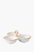 Juliska's Bamboo collection white ceramic stoneware triple server features three connected sections, a central handle, and bamboo-patterned rims.