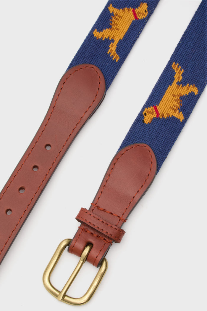Classic Navy Golden Retriever Needlepoint Belt