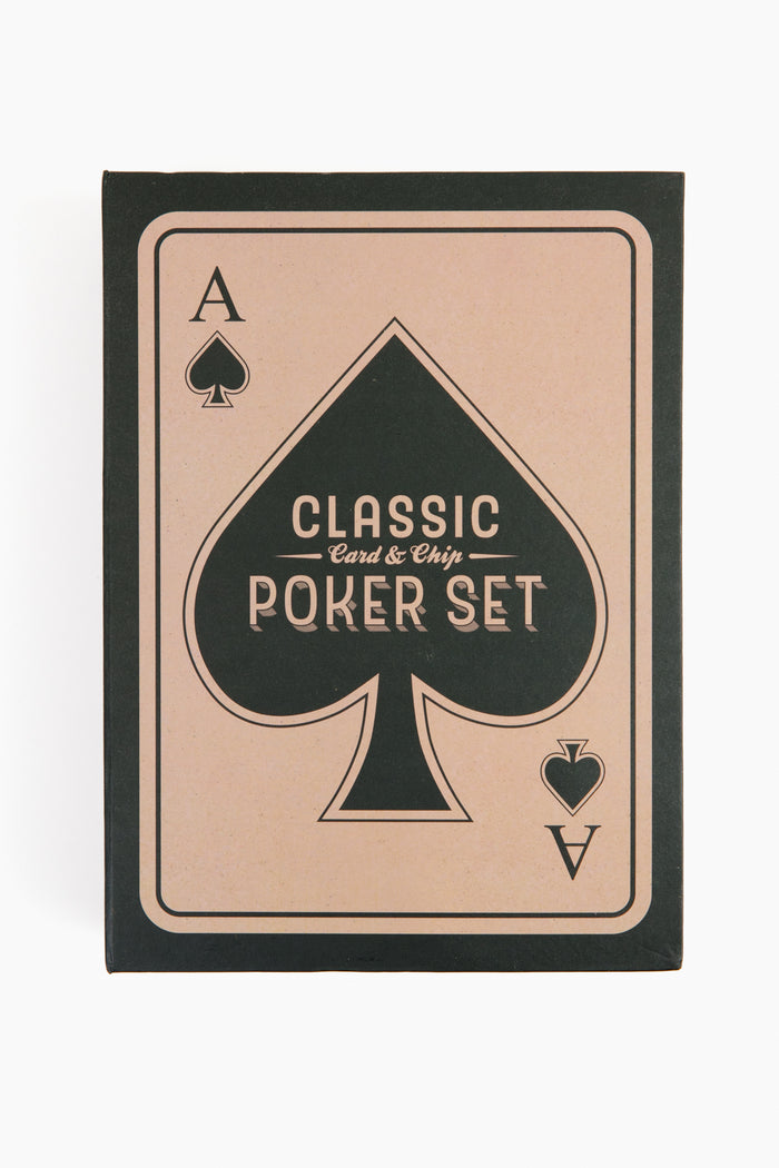 A rectangular box with a large ace of spades design labeled Classic Card & Chip Poker Set by Two's Company—perfect as a poker gift and includes quality poker chips.