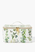Neely & Chloe x Inslee rectangular vanity case in white saffiano leather with a gold zipper, top handle, and a green botanical floral pattern—an ideal holiday gift.