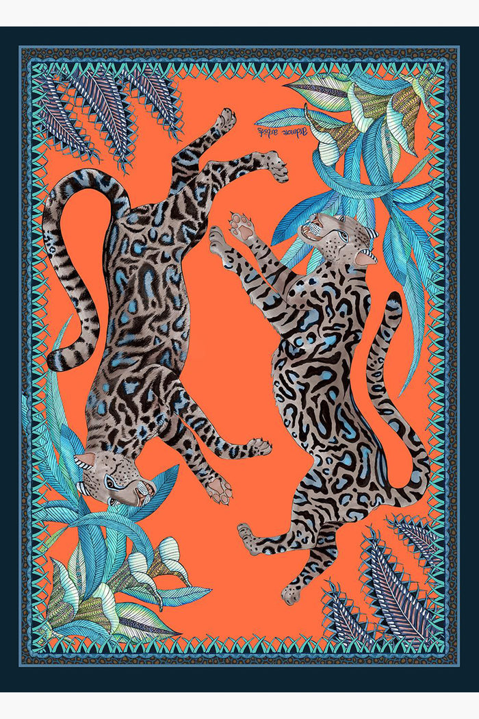Ardmore Design's illustration features two leopards with blue and black markings among blue and green leaves, framed by a detailed geometric pattern inspired by South African art—ideal for modern collectibles or as a vibrant tea towel.