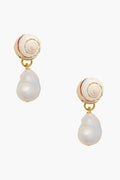 Neely Phelan gold and white beach jewelry features a spiral shell stud with a dangling teardrop-shaped baroque pearl.