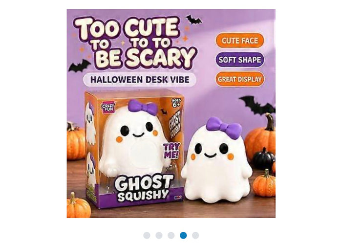 Crazy Fun Ghost Squishy - hand pressing ghost squishy toy showing soft rebound feature, with text Press to Relax and product features