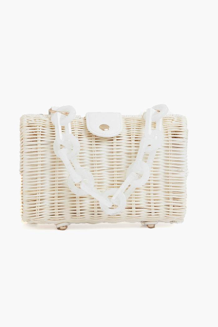 BTB rectangular white wicker bag with boho-chic style, flap closure, and a chunky white chain strap.