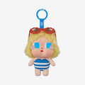 Plush toy with blonde hair, sunglasses, and a blue and white striped swimsuit on a white background.