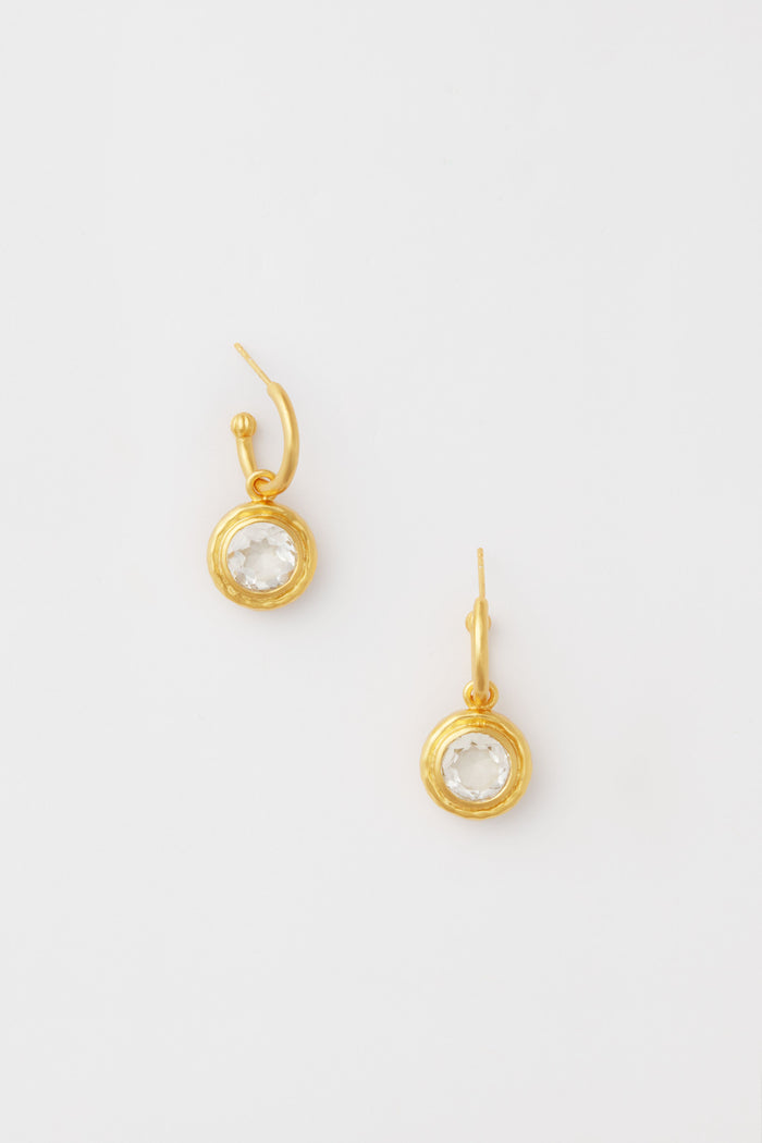 Two gold-plated VALERE hoop earrings with round clear gemstone pendants—perfect as crystal dangle earrings and a stunning addition to your handcrafted jewelry collection.