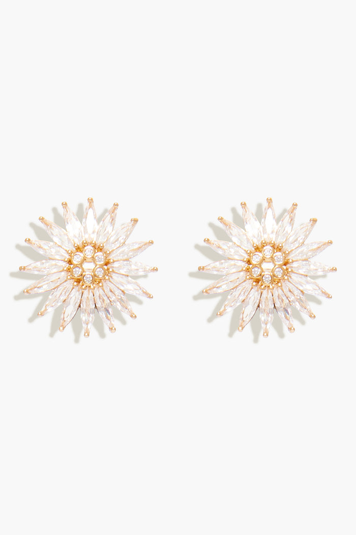 A pair of Mignonne Gavigan gold-plated Crystal Madeline Studs featuring radiating petal-like crystals and clustered round stones at the center.