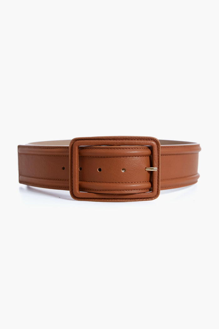 The B-Low the Belt wide brown Italian leather belt features a large rectangular buckle and multiple adjustment holes, making it perfect for fashion-forward styles.