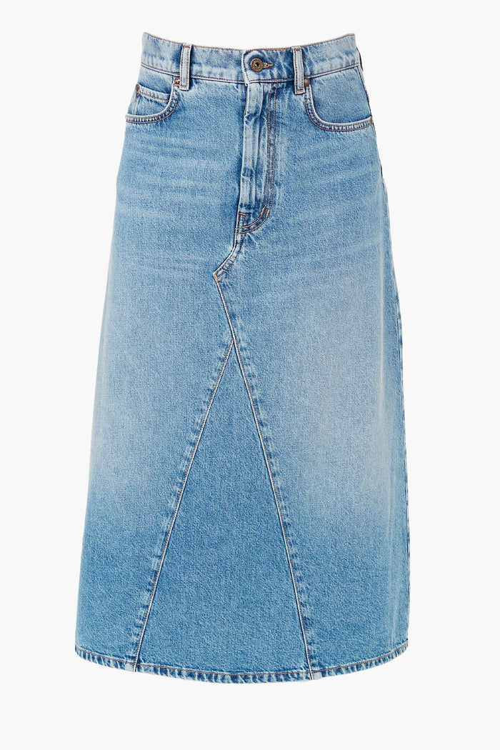 The Weekend Max Mara knee-length A-line denim skirt features light blue wash, front button and zipper closure, belt loops, and paneled seam detailing.