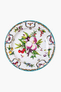 Decorative plate by One Hundred 80 Degrees, inspired by Duke of Gloucester Tin Plate, features vibrant fruit illustrations and ornate floral rim. Crafted for easy cleaning, perfect as stylish tableware.
