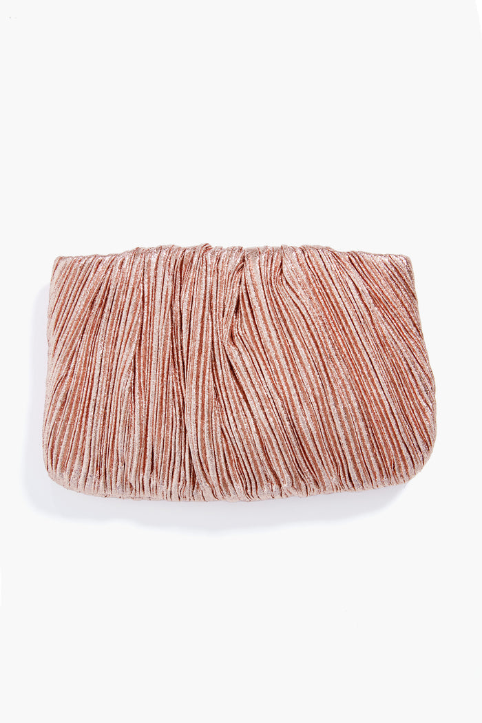 A pink pleated rectangular mini clutch bag by Loeffler Randall, crafted from Italian lamé.