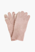 Amicale light pink cashmere gloves with ribbed cuffs and beige touchscreen tips on the thumb, index, and middle fingers.