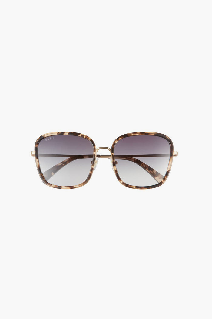 Square tortoiseshell sunglasses from DIFF Eyewear feature gradient lenses, slim temples, and an oversized shape. Viewed from the front, they offer a chic designer look and comfortable fit to elevate your style.