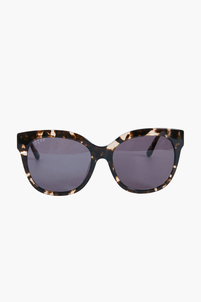 A pair of DIFF Eyewear designer sunglasses with tortoiseshell acetate frames and dark lenses is elegantly displayed.