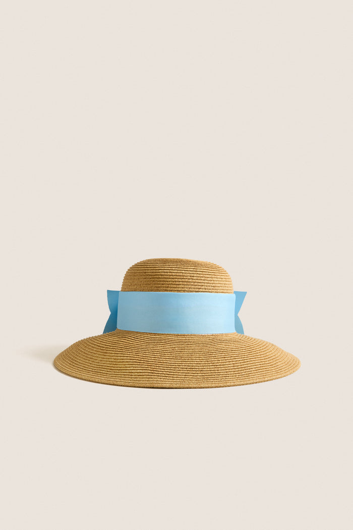 Exclusive Blue Packable Wide Bow Sunhat