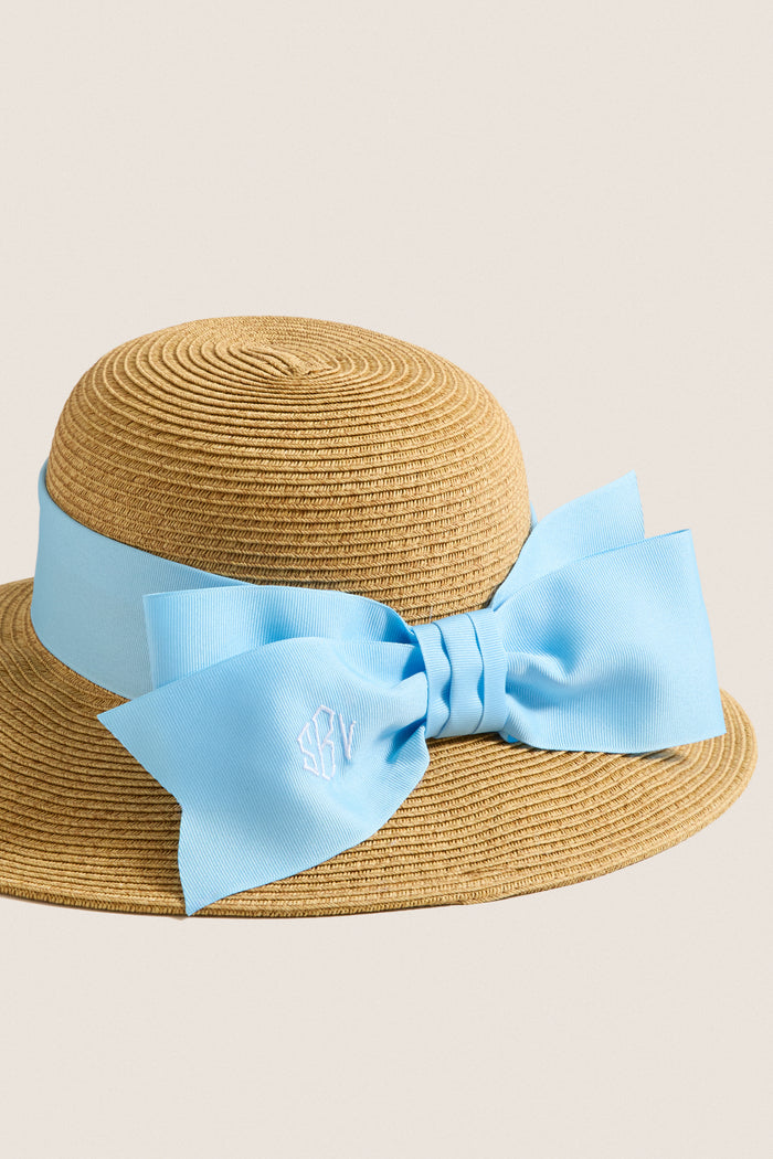 Exclusive Blue Packable Wide Bow Sunhat
