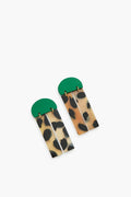 Sunshine Tienda offers green sunrise earrings with hand-painted semicircle tops and two rectangular leopard-print acrylic dangles on each piece.