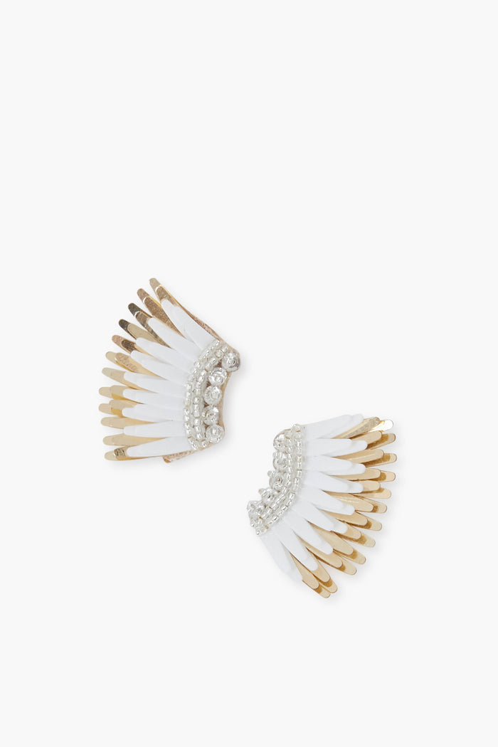 Add standout style to any outfit with Mignonne Gavigan’s White Micro Madeline Earrings—fan-shaped, beaded statement pieces accented in gold and white, detailed with rows of small clear gemstones along the curved edge.