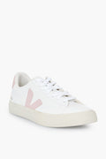 The VEJA low-top sneaker features a white upper, light pink detailing, white laces, and a beige rubber sole, showcasing the brand's stylish and sustainable design.