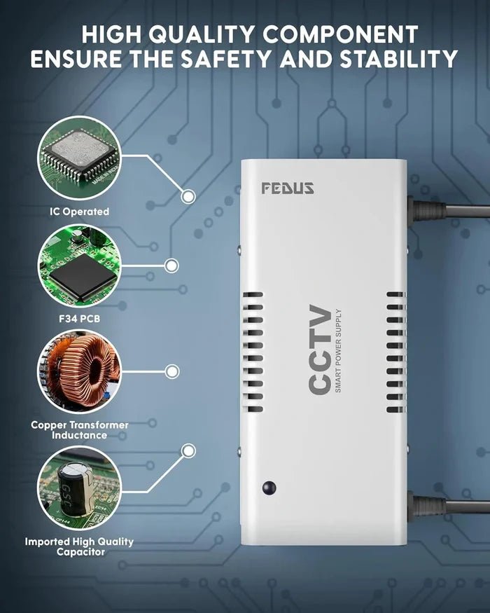 FEDUS 12V DC Metal Body CCTV Power Supply for 4 Channel Security Cameras | 12Volt 3A High Efficiency SMPS Adapter with Voltage Booster for Long Distance for Video Surveillance Dome & Bullet Camera FEDUS