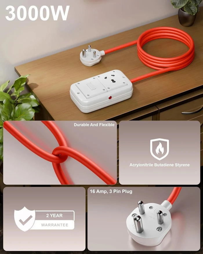 FEDUS 16amp 3000 Watts Extension Board Heavy Duty High Load Capacity Electric Power Cord with 1 Socket 1 Switch for Oven, EV Charger Charging, Iron Press, Induction Stove, AC FEDUS