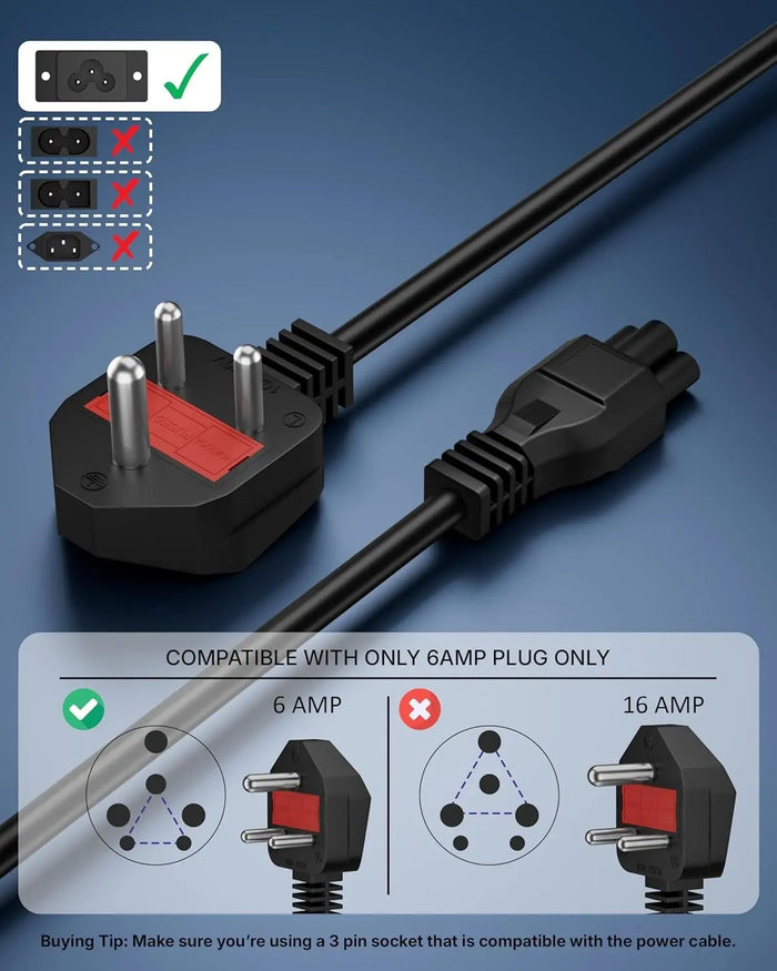 FEDUS 1.8 Meter (5.9 Feet) Long Laptop Power Cord with Protection Fuse, 2500 Watt 3 Pin IEC C5 Charger Adapter Cable Wire AC Lead for Asus/Dell/HP/Lenovo/ASUS/Acer/Samsung/Compaq & All Gaming Laptop FEDUS
