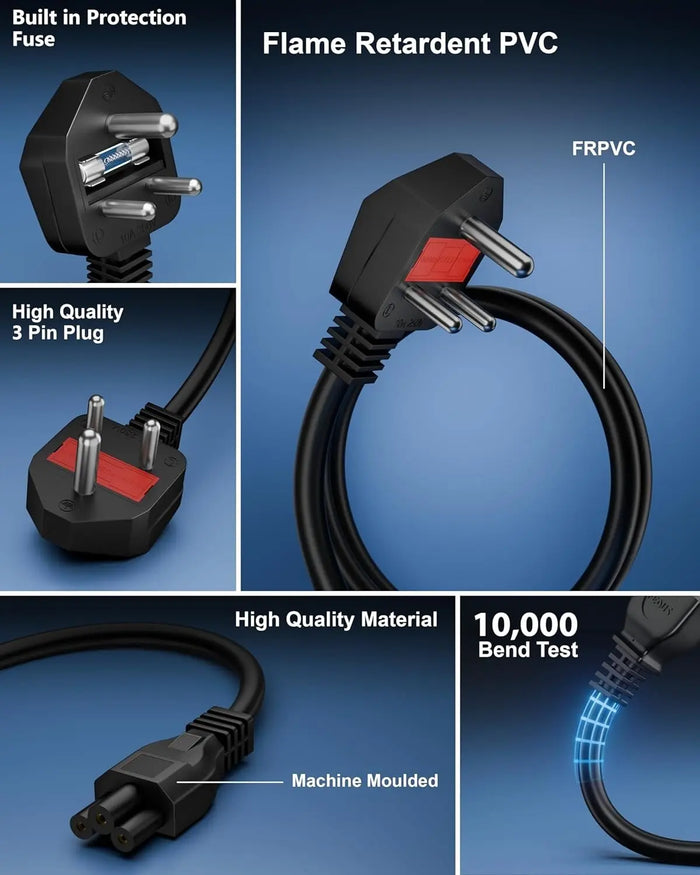 FEDUS 1.8 Meter (5.9 Feet) Long Laptop Power Cord with Protection Fuse, 2500 Watt 3 Pin IEC C5 Charger Adapter Cable Wire AC Lead for Asus/Dell/HP/Lenovo/ASUS/Acer/Samsung/Compaq & All Gaming Laptop FEDUS