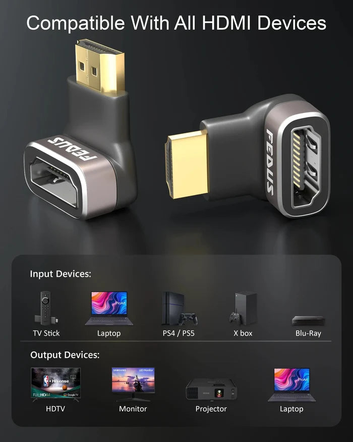 FEDUS 2 Pack 8K Ultra HD HDMI Connector 90+270 Degree L Shape HDMI Male to Female Converter Right Angle HDMI Adapter Extender for TV Led LCD TV Stick, Xbox PS3 PS4 PS5 Supports 3D HDR 8K@60Hz 4K@144Hz Cheeku Technologies