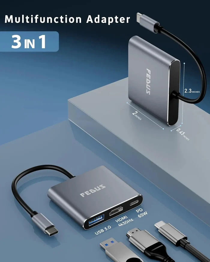 FEDUS 3-in-1 USB Hub Type C Hub, USB C Hub, USB Type C to 4K HDMI adapter Converter, Type C to USB 3.0@5gbps Type a Converter With 65W Power Delivery for MacBook Pro/Air, iPhone, Phones, Tablets, Pc Computer FEDUS