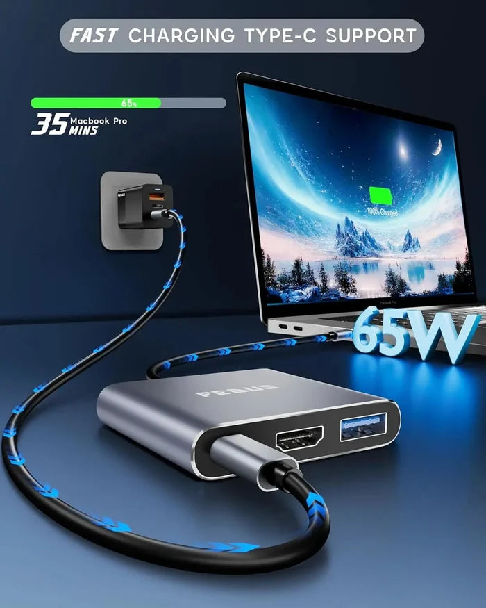 FEDUS 3-in-1 USB Hub Type C Hub, USB C Hub, USB Type C to 4K HDMI adapter Converter, Type C to USB 3.0@5gbps Type a Converter With 65W Power Delivery for MacBook Pro/Air, iPhone, Phones, Tablets, Pc Computer FEDUS
