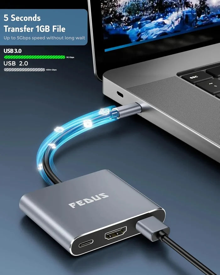 FEDUS 3-in-1 USB Hub Type C Hub, USB C Hub, USB Type C to 4K HDMI adapter Converter, Type C to USB 3.0@5gbps Type a Converter With 65W Power Delivery for MacBook Pro/Air, iPhone, Phones, Tablets, Pc Computer FEDUS