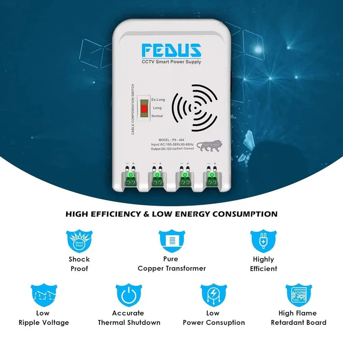 FEDUS 4 Channel SMPS for CCTV, Power Supply Adapter for up to 4 CCTV Security Cameras, CCTV Power Supply SMPS, Power Supply Adapter for Video Surveillance Camera System, CCTV, Dome, Bullet Cameras FEDUS