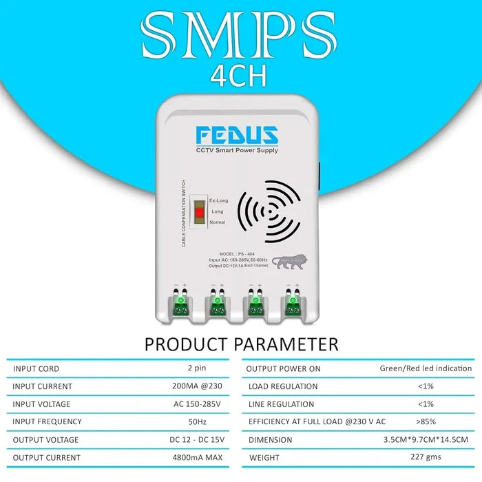 FEDUS 4 Channel SMPS for CCTV, Power Supply Adapter for up to 4 CCTV Security Cameras, CCTV Power Supply SMPS, Power Supply Adapter for Video Surveillance Camera System, CCTV, Dome, Bullet Cameras FEDUS
