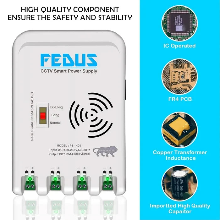FEDUS 4 Channel SMPS for CCTV, Power Supply Adapter for up to 4 CCTV Security Cameras, CCTV Power Supply SMPS, Power Supply Adapter for Video Surveillance Camera System, CCTV, Dome, Bullet Cameras FEDUS