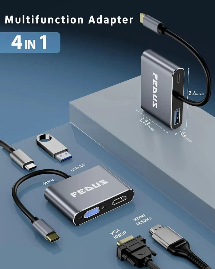 FEDUS 4-in-1 USB Hub Type C Hub, USB C Hub, USB Type C to 4K HDMI adapter Converter, Type C to USB 3.0@5gbps Type a Converter With 65W Power Delivery for MacBook Pro/Air, iPhone, Phones, Tablets, Pc Computer FEDUS