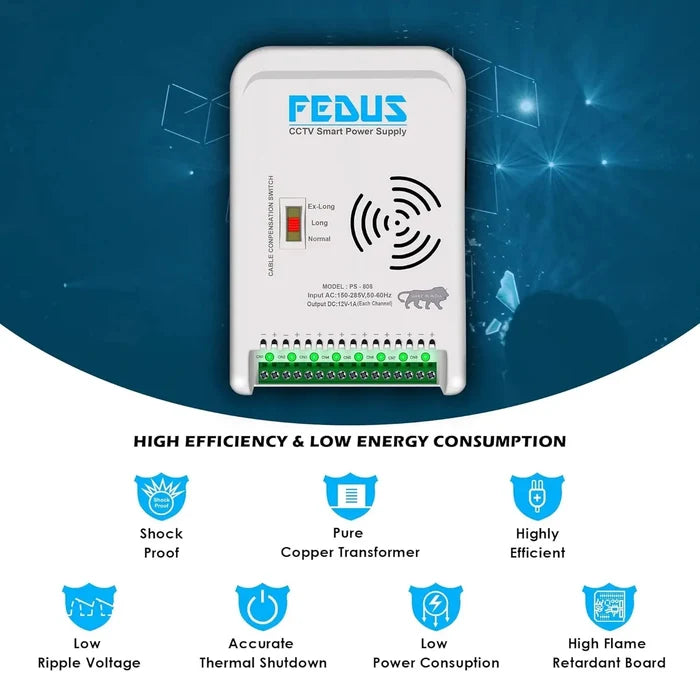 FEDUS 8 Channel SMPS for CCTV, Power Supply Adapter for up to 8 CCTV Security Cameras, CCTV Power Supply SMPS, Power Supply Adapter for Video Surveillance Camera System, CCTV, Dome, Bullet Cameras FEDUS