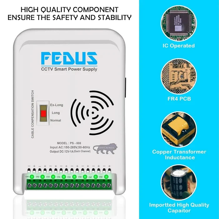 FEDUS 8 Channel SMPS for CCTV, Power Supply Adapter for up to 8 CCTV Security Cameras, CCTV Power Supply SMPS, Power Supply Adapter for Video Surveillance Camera System, CCTV, Dome, Bullet Cameras FEDUS