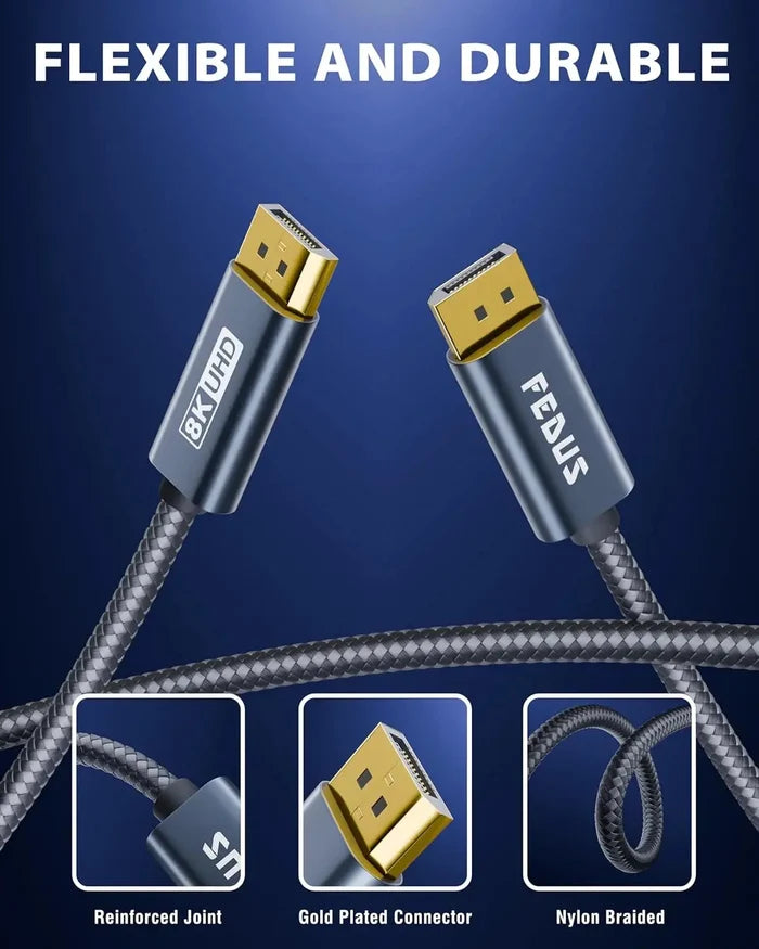 FEDUS 8K DisplayPort Cable, DP to DP Cable [Certified 8K@60Hz, 4K@144Hz, 2K@165/144Hz] Display Port to Display Port Cable HDR/FreeSync/G-Sync/HBR3/HDCP Compatible for Gaming Monitor, Graphics Card FEDUS