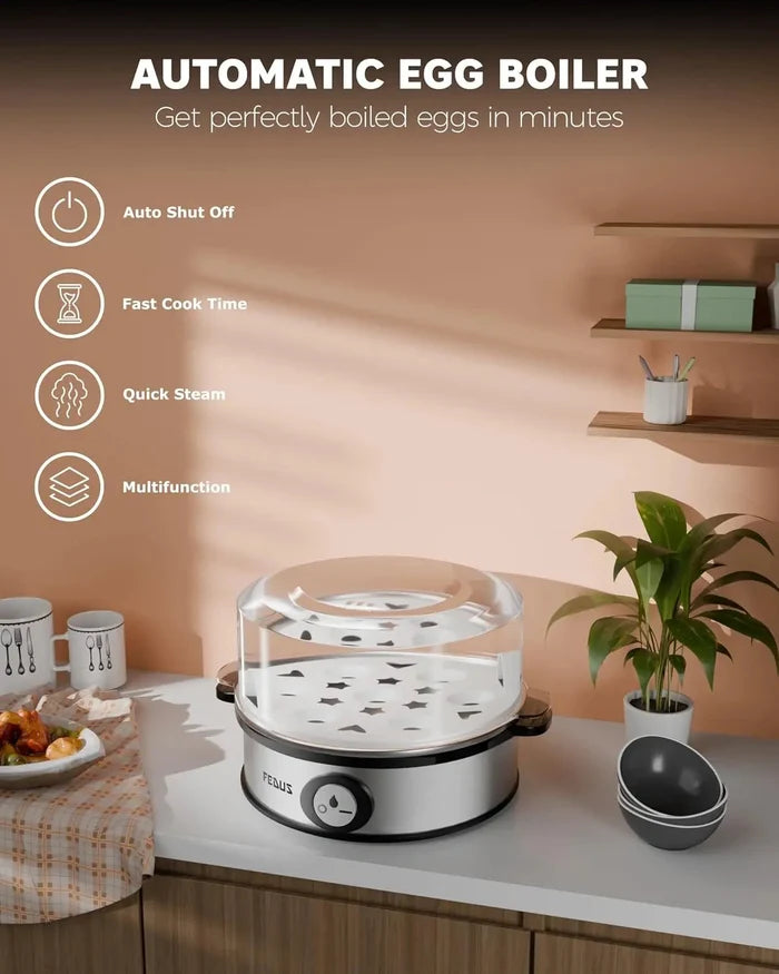 FEDUS EGGLINE Automatic Egg Boiler maker Electric Multi-Function 7 Eggs Capacity Cooker Steamer machine for Hard, Medium, Soft Eggs, Stainless steel Heating Plate, Auto Shut-Off, Fast boiling Boils FEDUS