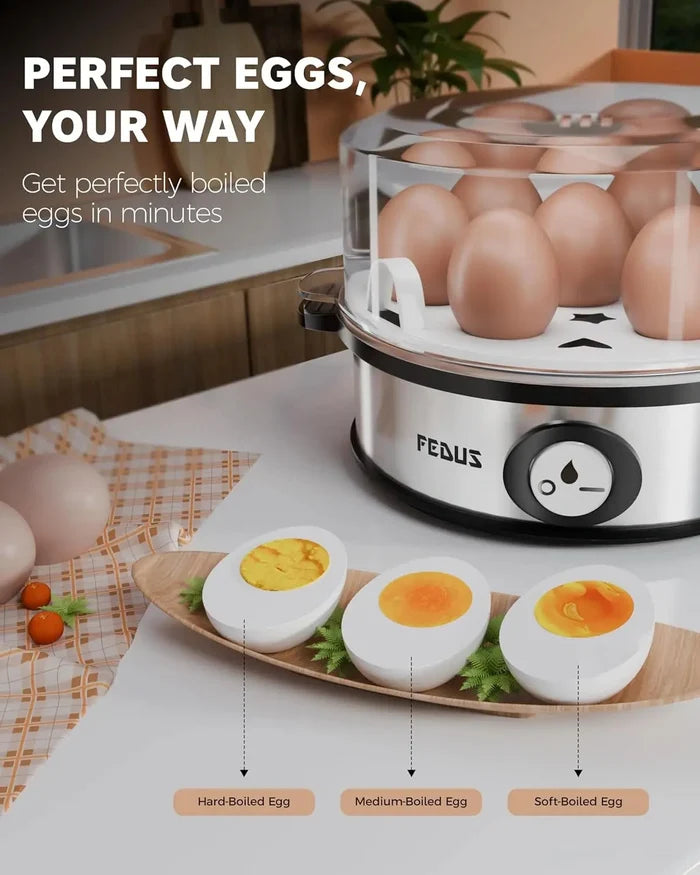 FEDUS EGGLINE Automatic Egg Boiler maker Electric Multi-Function 7 Eggs Capacity Cooker Steamer machine for Hard, Medium, Soft Eggs, Stainless steel Heating Plate, Auto Shut-Off, Fast boiling Boils FEDUS